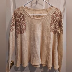 Free People / We The Free Cream and Brown Waffle Knit Thermal Long Sleeve Top